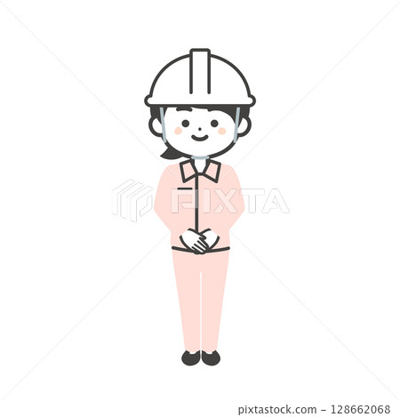 圖：一名戴著頭盔、身穿工作服、雙手緊握在胸前的三頭女性 128662068