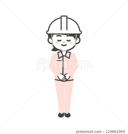 插圖：一個三頭女人戴著頭盔，穿著工作服，外面套著西裝，鞠躬 128662069