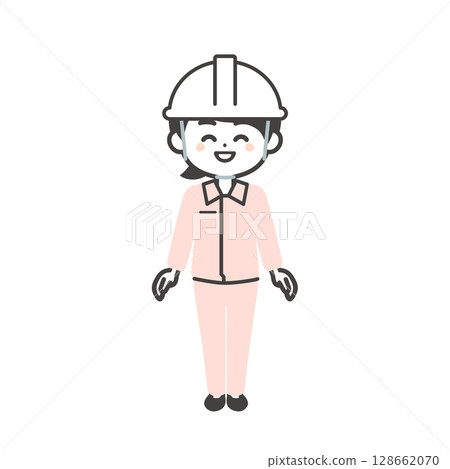 戴著頭盔和工作服的微笑三頭女人的插圖 128662070