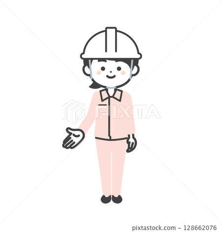 Illustration of a 3-headed woman wearing a helmet pointing downwards and wearing work clothes over a suit Illustration of a 3-headed woman wearing a helmet pointing downwards and wearing work clothes over a suit 128662076
