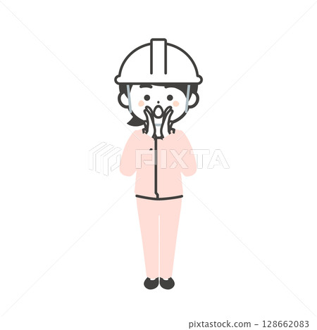 An illustration of a 3-headed woman wearing a helmet and work clothes over a suit, calling with both hands over her mouth An illustration of a 3-headed woman wearing a helmet and work clothes over a suit, calling with both hands over her mouth 128662083