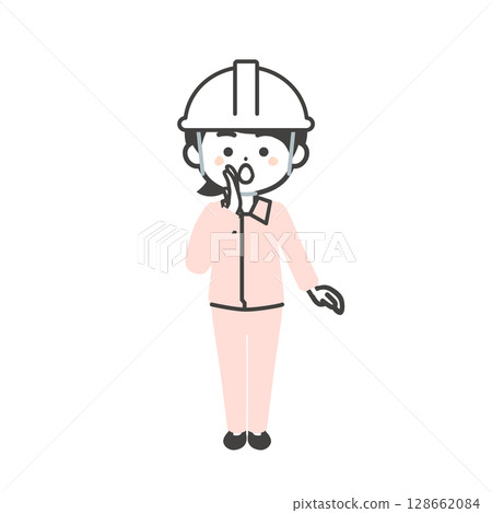 An illustration of a 3-headed woman wearing a helmet and work clothes over a suit, calling with her hand over her mouth 128662084