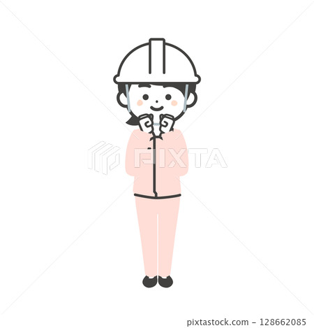 圖：一名三頭女性戴著頭盔，身穿工作服，外頭套著西裝，雙手握拳 128662085