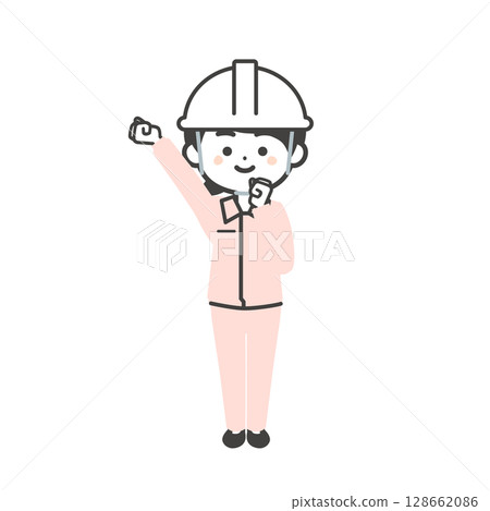 圖：一個三頭女人戴著頭盔，穿著工作服，外面套著西裝，正在揮拳 128662086