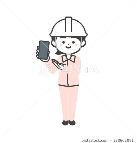 Illustration of a 3-headed woman wearing a helmet and work clothes over a suit pointing at a smartphone Illustration of a 3-headed woman wearing a helmet and work clothes over a suit pointing at a smartphone 128662091