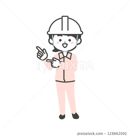 Illustration of a 3-headed woman wearing a helmet and work clothes over a suit pointing with both hands 128662092