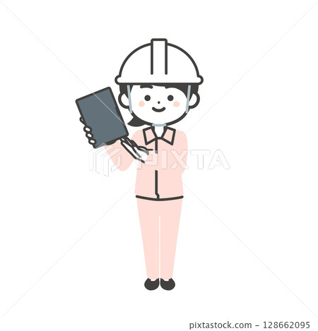 Illustration of a 3-headed woman wearing a helmet and work clothes over a suit pointing at a tablet 128662095