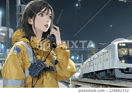 Illustration material of a woman doing railway inspection work at night Illustration material of a woman doing railway inspection work at night 128662152