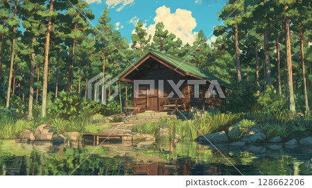 Cabins and saunas in a pine forest on a peaceful Finnish lake 128662206
