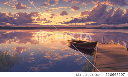 Sunset over a calm lake with a rowboat and wooden pier 128662207