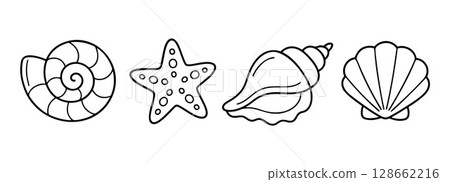 Spiral seashell, scallop shell, conch shell, and a starfish black and white marine icons Spiral seashell, scallop shell, conch shell, and a starfish black and white marine icons 128662216