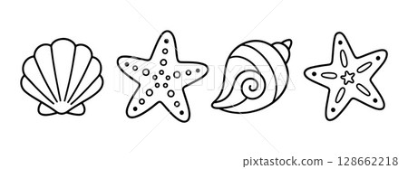 Spiral seashell, scallop shell, conch shell, and a starfish black and white marine icons 128662218
