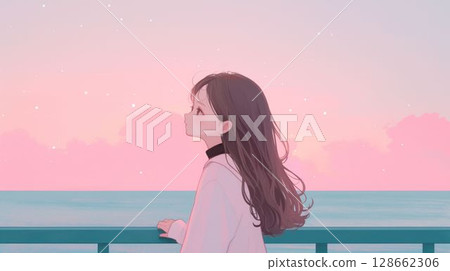 A girl looking up at the sky on a pink beach 128662306