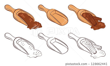 Collection of wooden scoop filled with cinnamon powder and stick in flat style. Perfect for cooking, spice packaging, recipe book and culinary design theme. Collection of wooden scoop filled with cinnamon powder and stick in flat style. Perfect for cooking, spice packaging, recipe book and culinary design theme. 128662441
