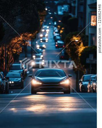 Night drive through a vibrant city street illuminated by colorful lights 128662446