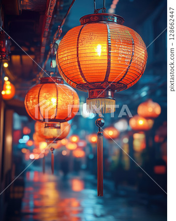 Lanterns illuminate the streets during a festive evening in a bustling city district 128662447