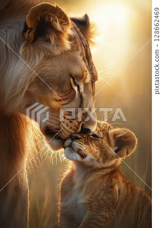 Lioness and cub embrace in golden grassland in the wild 128662469