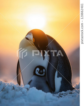 Emperor penguin cares for its chick in the icy Antarctic landscape Emperor penguin cares for its chick in the icy Antarctic landscape 128662481
