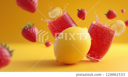 Two glasses of red strawberry drink with lemon slices splash next to a fresh lemon on a vibrant yellow background 128662533