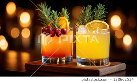 Two vibrant cocktails garnished with orange slices, cranberries, and rosemary served on a wooden tray with warm lighting 128662534