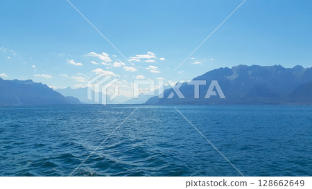 beautiful seascape on the horizon silhouette of mountains beautiful seascape on the horizon silhouette of mountains 128662649