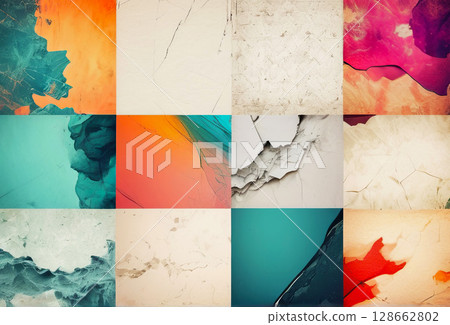 Abstract textured backgrounds collage with cracked paint, peeling surfaces, and colorful distressed patterns, vintage grunge design elements for creative and artistic projects 128662802