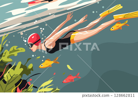 Vector illustration of a woman swimming underwater in a swimsuit and red cap, surrounded by colorful fish and vibrant aquatic plants. Summer, sport, healthy lifestyle, underwater scene. 128662811