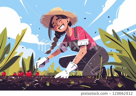 Smiling young woman harvesting tomatoes in a sunny garden. Cartoon style vector illustration of happy female farmer enjoying organic farming outdoors. Summer, agriculture, healthy lifestyle concept. 128662812