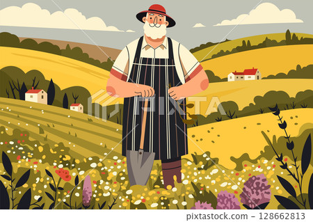 Elderly farmer with shovel standing in a colorful meadow, wearing apron and hat. Cartoon rural landscape with hills, wildflowers, and farmhouses in the background. Vector illustration. 128662813