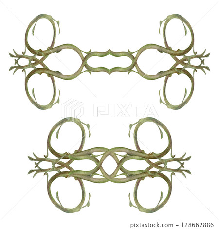 Set of watercolor illustration of symmetrically arranged green kiwi stems - lianas. Realistic botanical composition for interior prints, home decor, packaging, textiles or eco-design. Set of watercolor illustration of symmetrically arranged green kiwi stems - lianas. Realistic botanical composition for interior prints, home decor, packaging, textiles or eco-design. 128662886