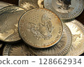 1 dollar American silver eagle one ounce. Pure silver coin of the United States of America. 128662934