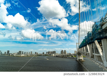 Skyscrapers and blue sky seen from Rainbow Bridge Skyscrapers and blue sky seen from Rainbow Bridge 128663024