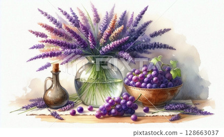 Lavender & Grape Harmony Still Life 128663037