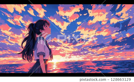 高中女生看日落 128663129