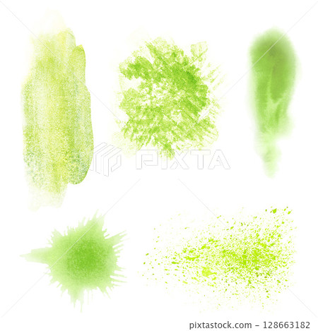 Set of watercolor spots, splashes in fresh green. Background illustrations of green fruits, berries, vegetables. Ideal for botanical prints, home decor, packaging, textiles, or eco-design. 128663182