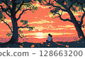 Couple cuddling while watching the sunset 128663200