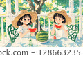 Twin girls eating watermelon 128663235