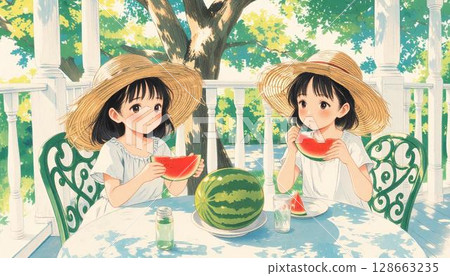 Twin girls eating watermelon 128663235