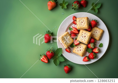 cookie with tender cottage cheese and fresh strawberries 128663251