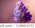 abstract background with musical treble clef and clematis flowers 128663252