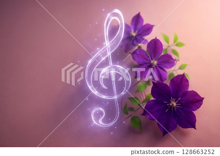 abstract background with musical treble clef and clematis flowers abstract background with musical treble clef and clematis flowers 128663252