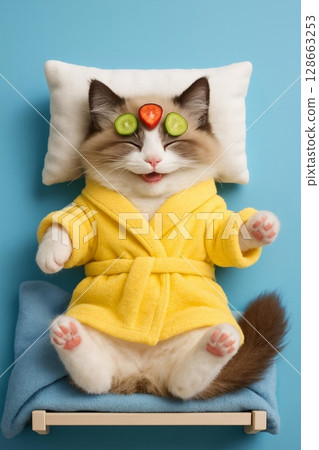 Funny cat in a robe with a cucumber mask Funny cat in a robe with a cucumber mask 128663253