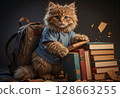 Cute fluffy cat hiding inside school backpack 128663255