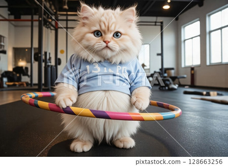 Fluffy kitten working out with colorful hula hoop Fluffy kitten working out with colorful hula hoop 128663256