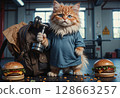 Funny gym cat lifting weights with giant burger 128663257