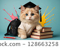 Cute kitten sitting with backpack and pencil ready 128663258