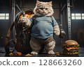 Fluffy kitten training hard next to fast food 128663260
