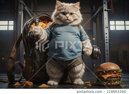 Fluffy kitten training hard next to fast food 128663260