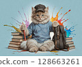 Academic themed kitten with books and creativity 128663261