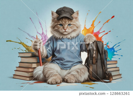 Academic themed kitten with books and creativity Academic themed kitten with books and creativity 128663261